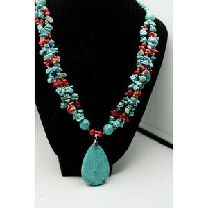 VTG Turquoise and Coral necklace triple strand chip beads teardrop pendant